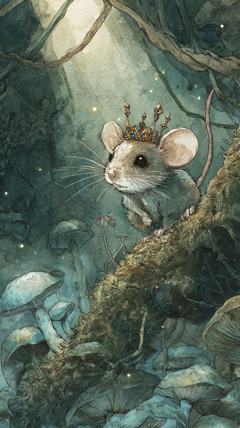 Tiny crowned mouse on mossy roots under moonlit forest