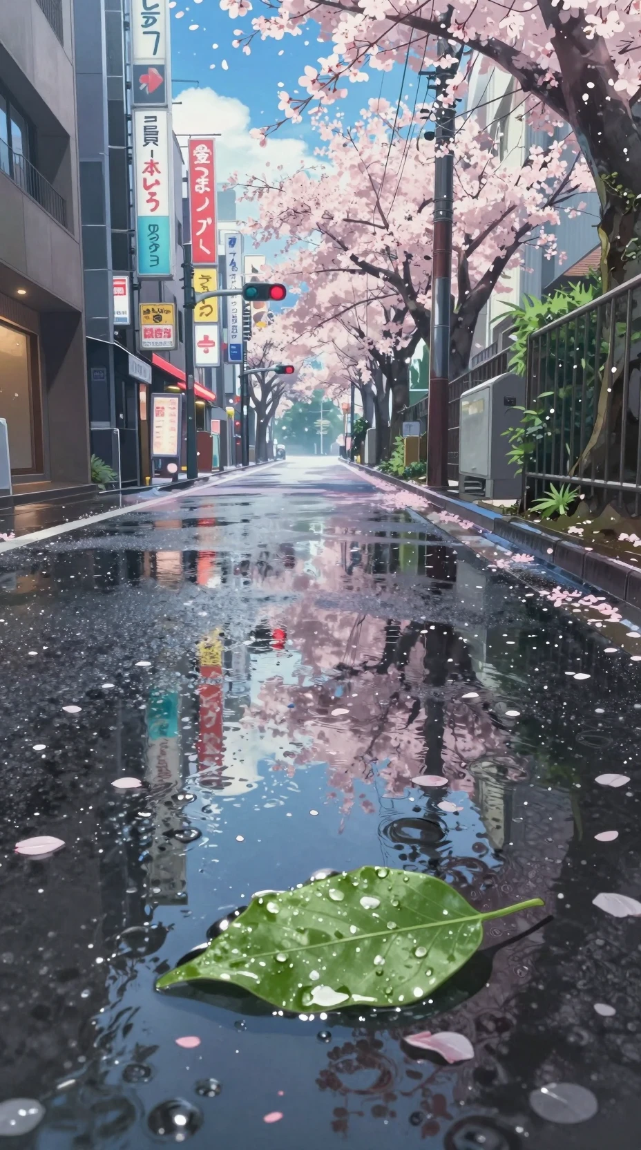 Ruhige Tokioter Straße, die nach einem Sommerregen glitzert
