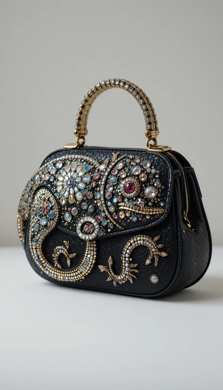 Accessorio moda per borsa a forma di camaleonte con strass ricamati