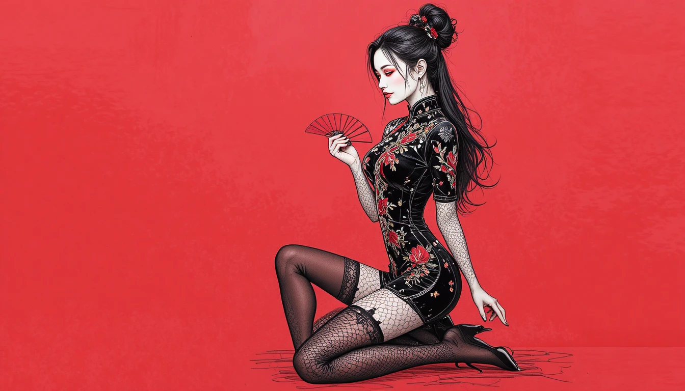 Elegant woman in black cheongsam against bold red backdrop