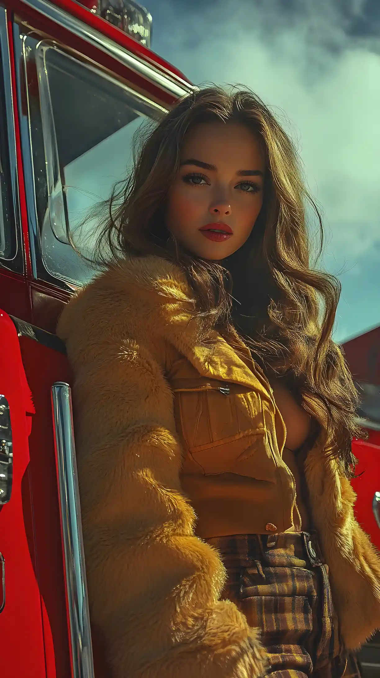 Pin up style calendar girl posing by a fire truck