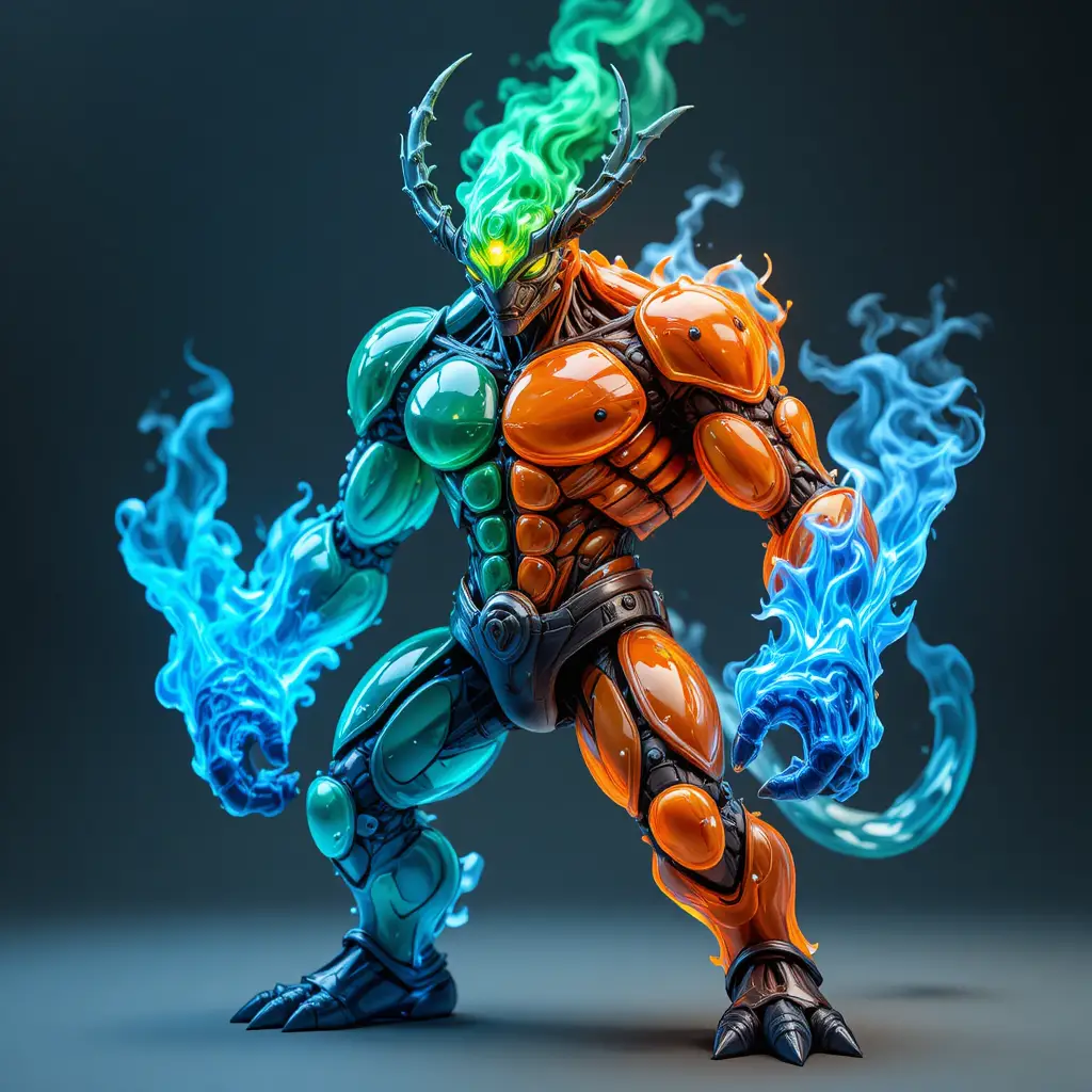 Muscular creature split into three fiery transparent regions