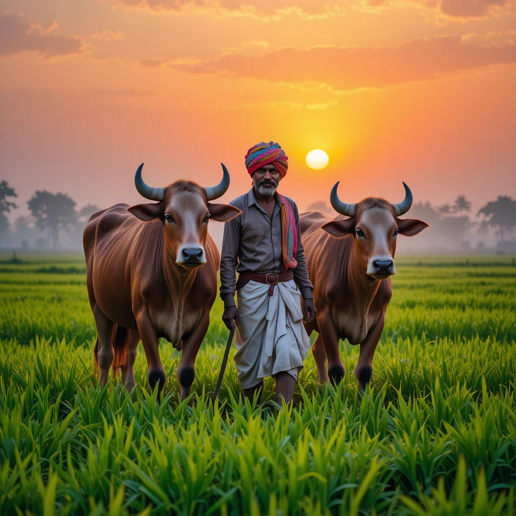 Campesino indio caminando con bueyes al amanecer por los campos