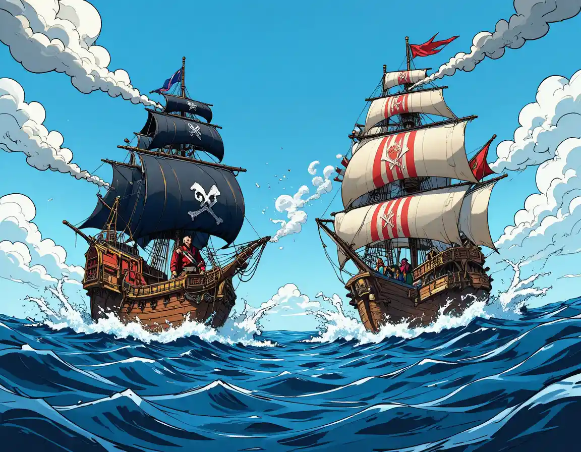 Battaglia tra navi pirata cartoon in un mare blu agitato