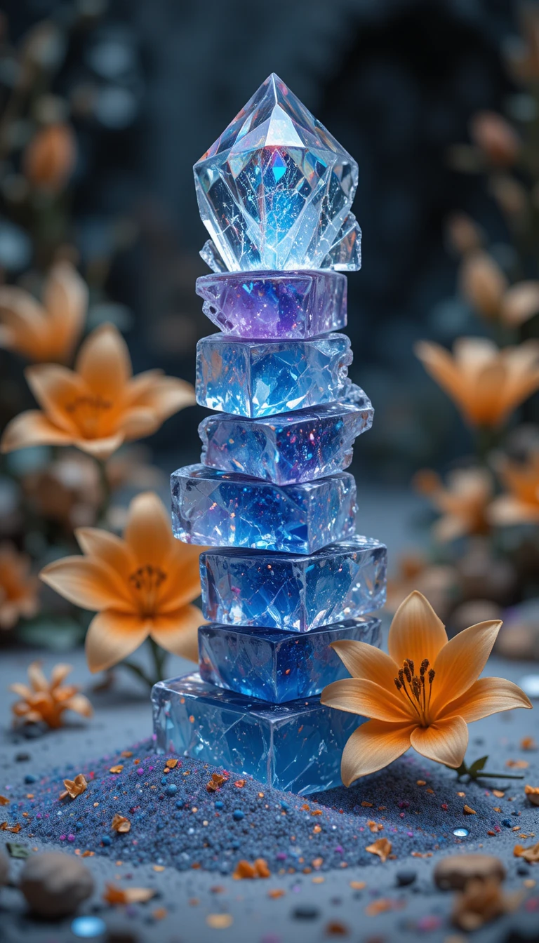 Iridescent glass layers with blue sand and golden lilies