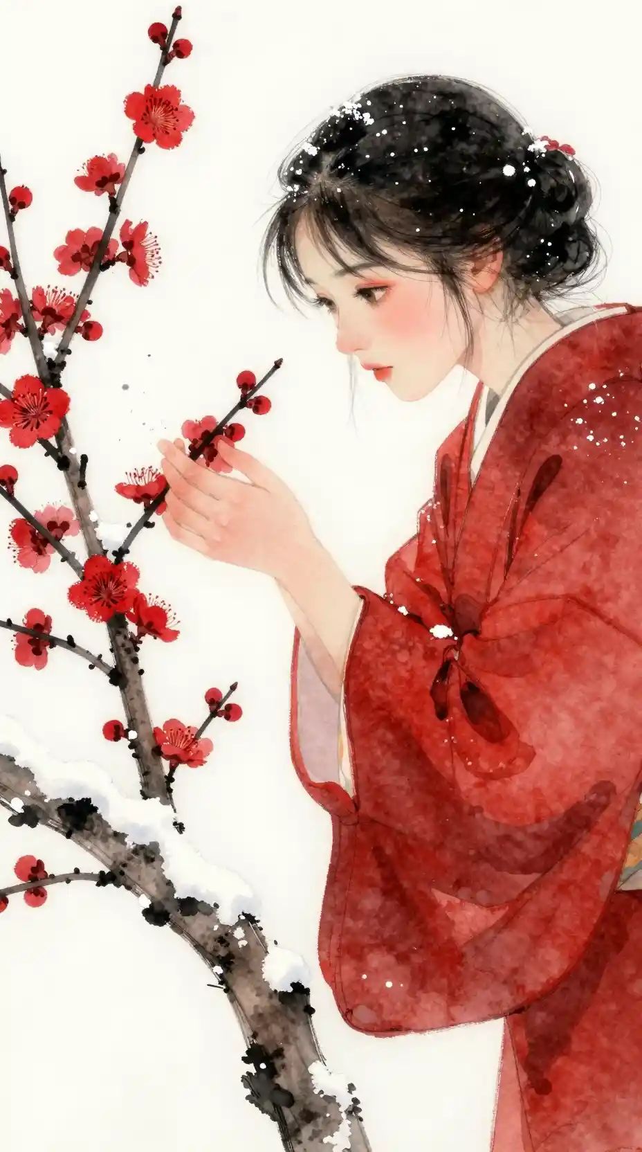 Ragazza in kimono cremisi che spazza la neve dai fiori di pruno