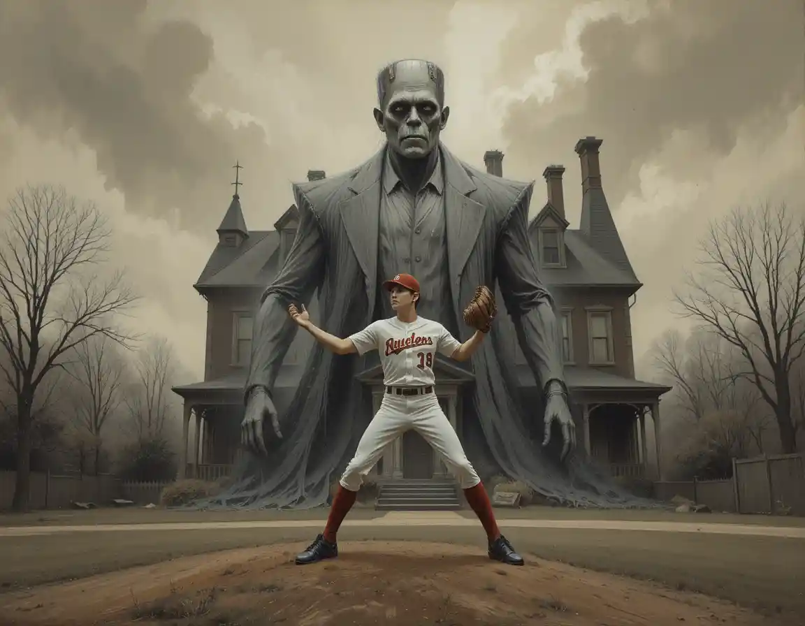 Young baseball pitcher with looming monster by haunted mansion