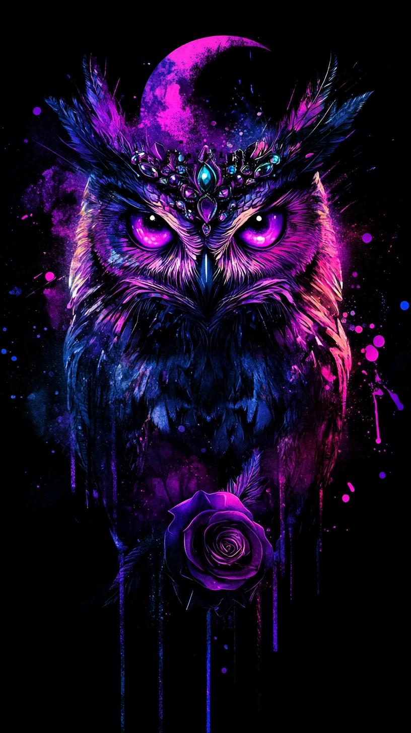 Mystical owl portrait with cosmic moon and dripping rose