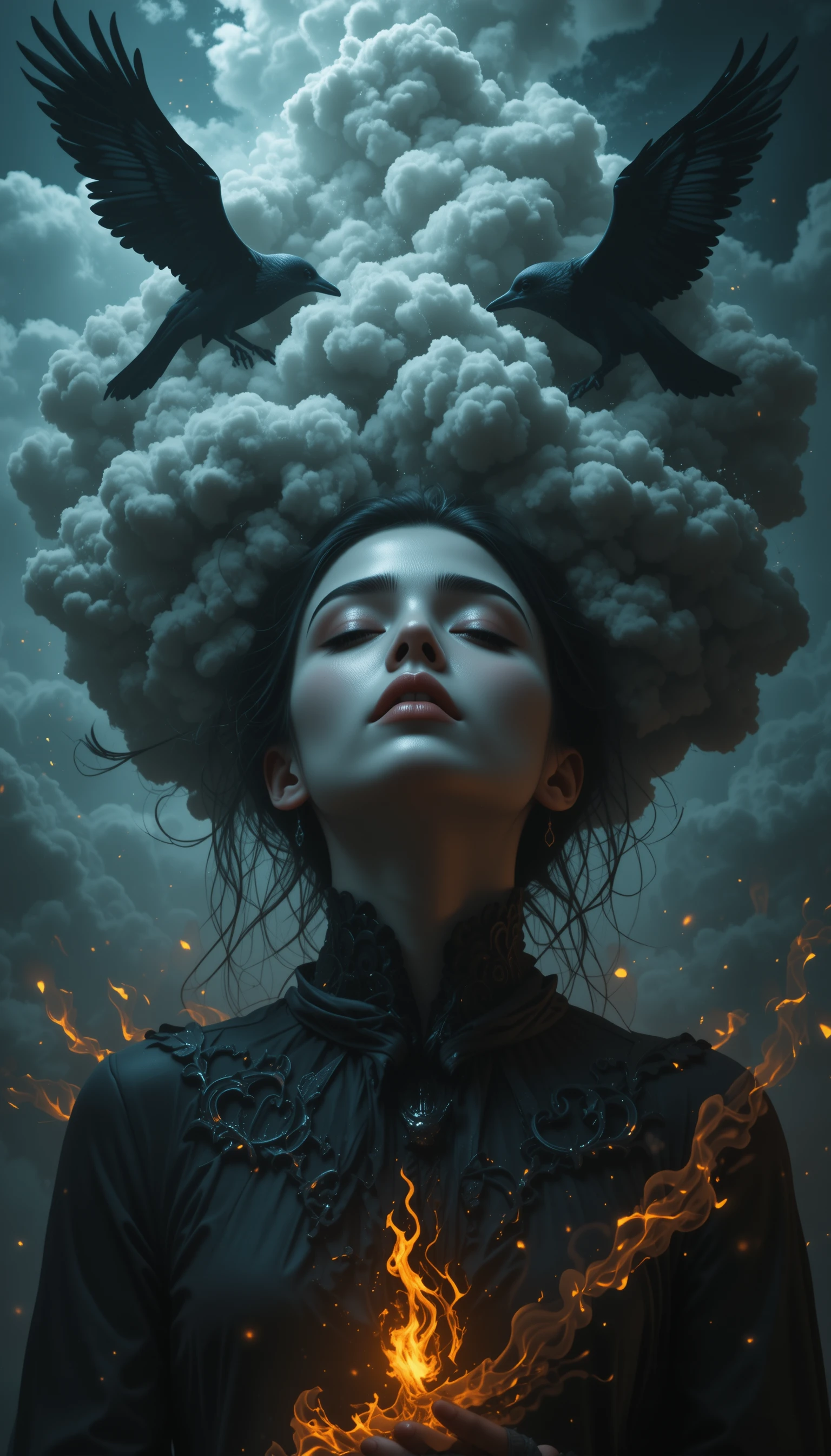Androgynous figure with storm cloud head and ravens
