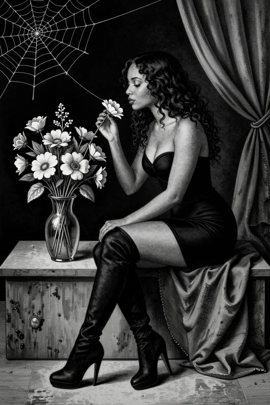 Elegant woman smelling flowers in a dark engraved interior