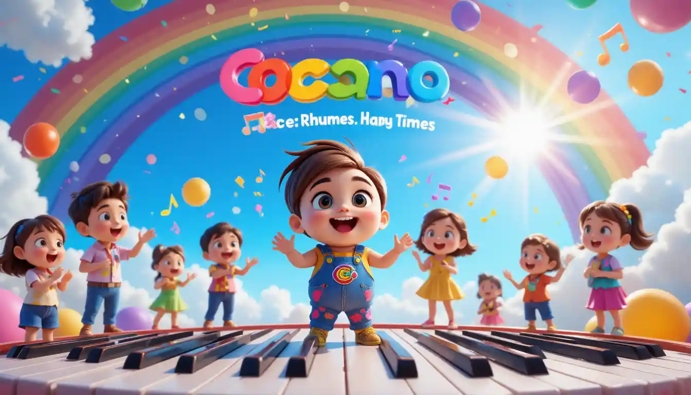 Cute 3D kids mascot singing on rainbow piano stage