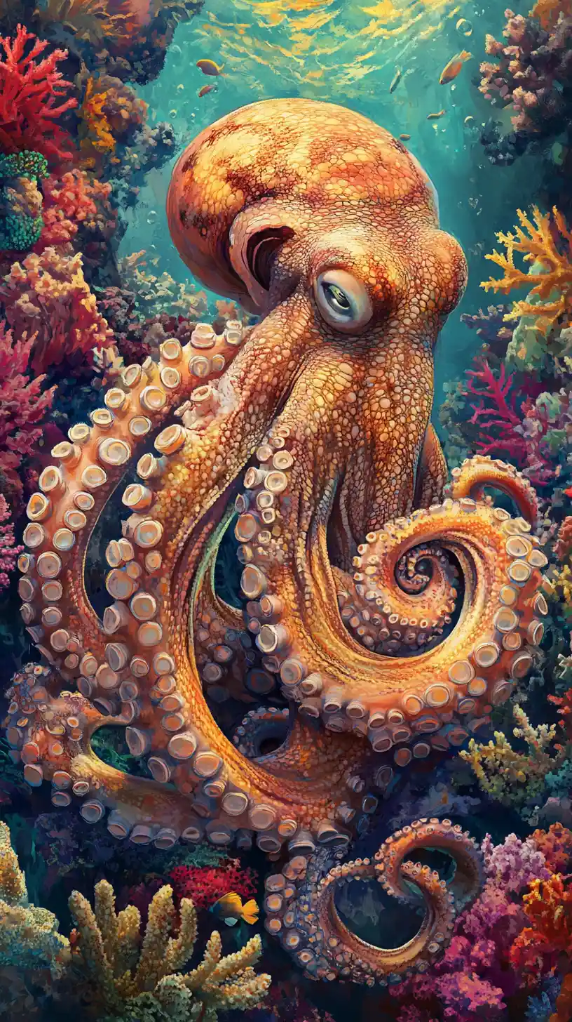 Octopus Resting In Sunlit Coral Reef At Golden Sunset Depth