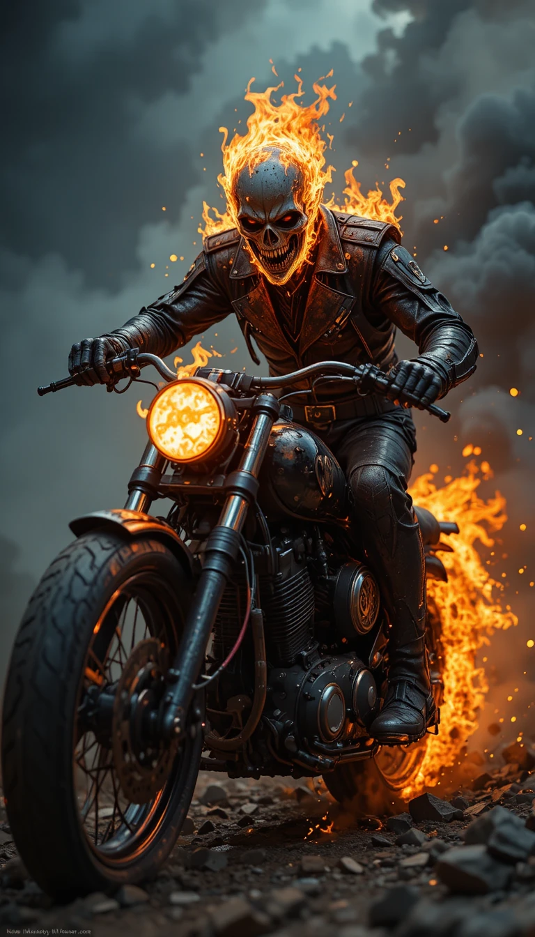 Demonic skeletal rider blazing through a hellish inferno