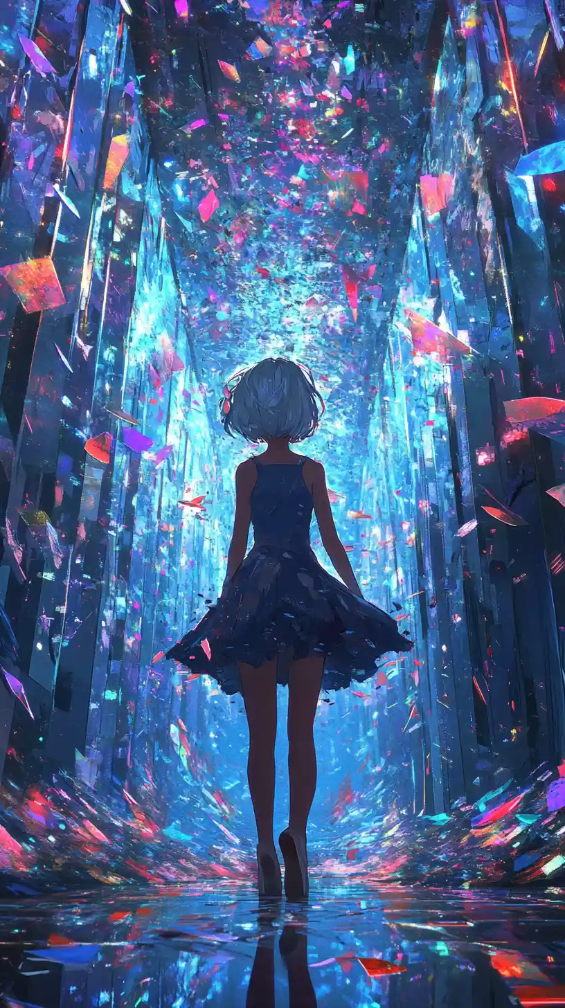 Anime-Mädchen zwischen flackernden Spiegeln in einem digitalen Korridor