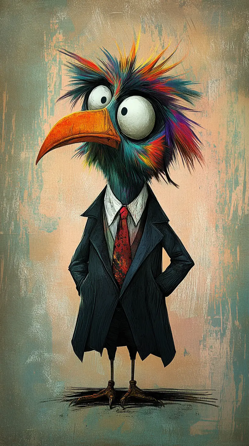 Exzentrischer Trenchcoat-Vogel mit müdem existenzialistischem Blick
