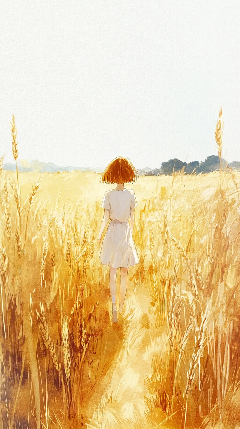Anime-Mädchen, das tagsüber durch ein goldenes Weizenfeld läuft