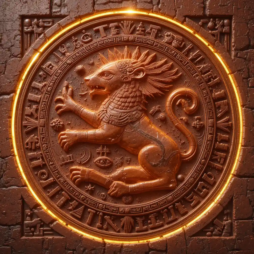 Red Leo zodiac carving with golden glowing Egyptian details