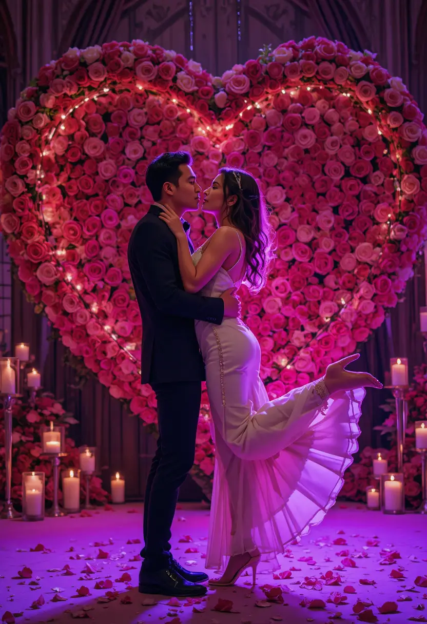 Romantic couple leaning into a kiss by glowing roses