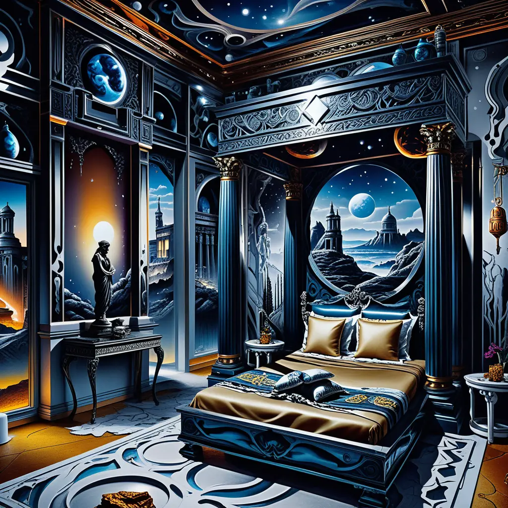 Fantasy Greek temple villa diorama with neon lit interior