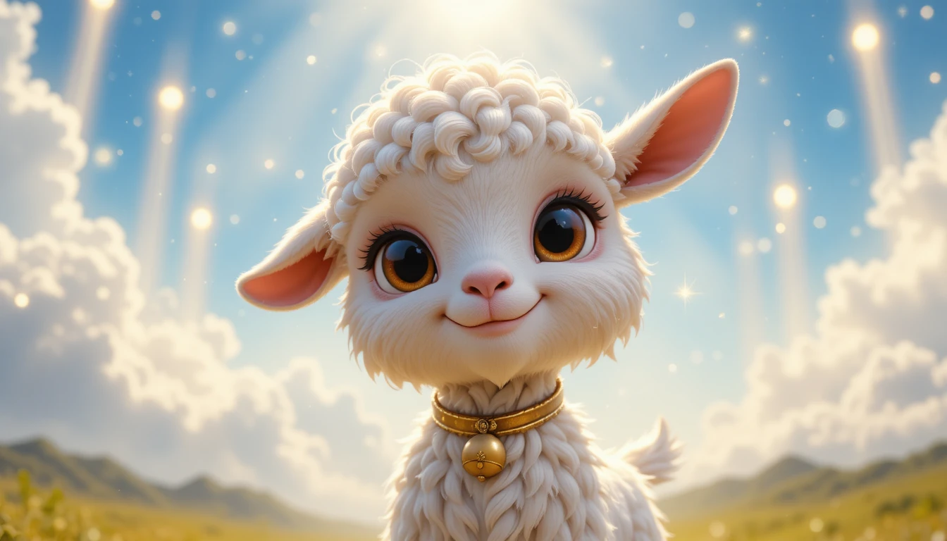 Cute baby goat under glowing golden prayer beams