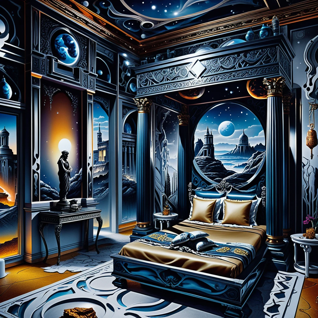 Diorama de villa templo griego fantástica con interior iluminado con neón