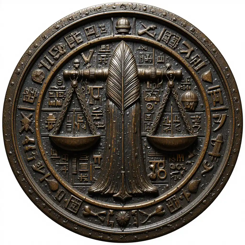 Ancient bronze Libra glyph with sacred feather pattern