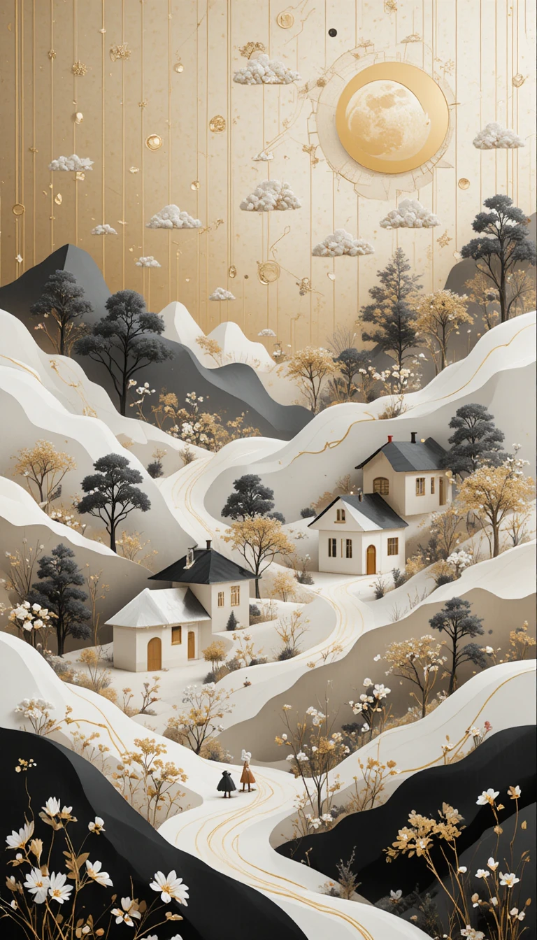Stylized 3D landscape of houses trees flowers and moon