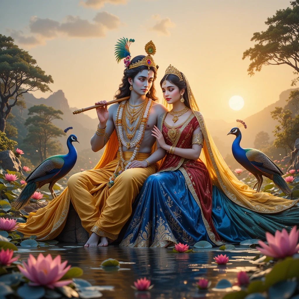Couple divin au bord d’un lac de lotus au coucher de soleil doré