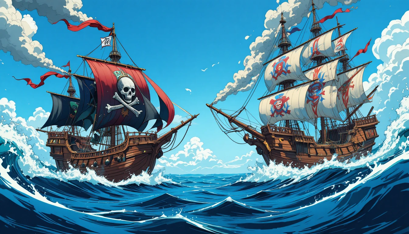 Piratenschiff kämpft gegen eine Galeone auf rauer Cartoonsee
