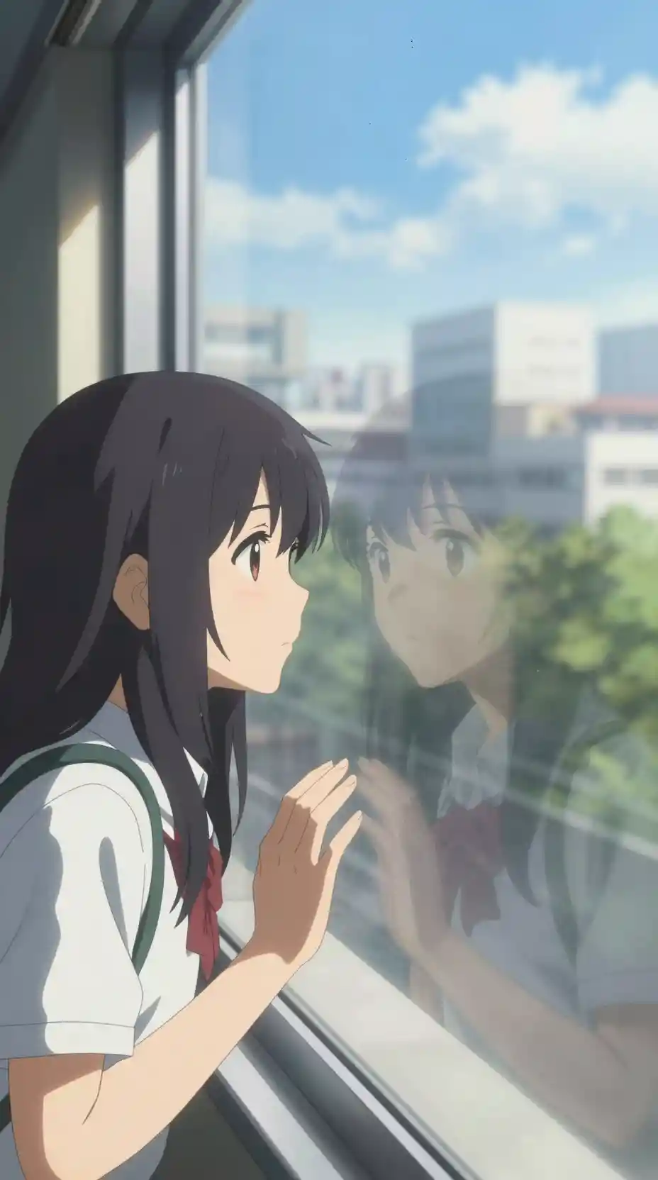 Anime schoolgirl gazing through a bright Tokyo city window