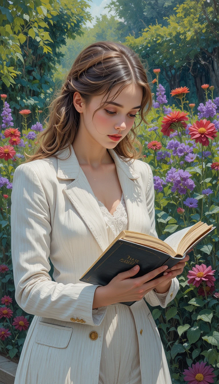 Teen girl in white suit reading in an impressionist garden