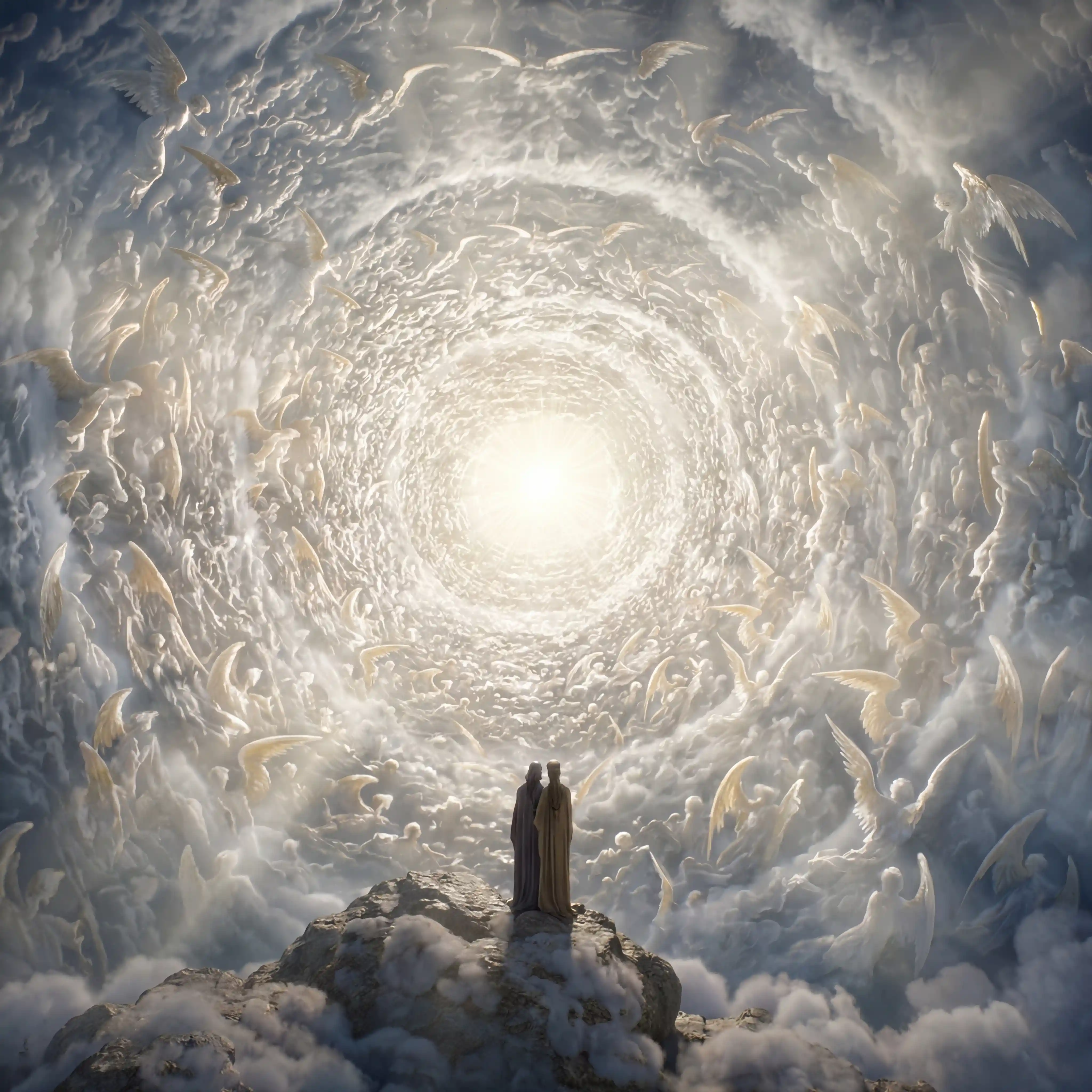 Dante and Beatrice Facing a Vast Celestial Angel Vortex
