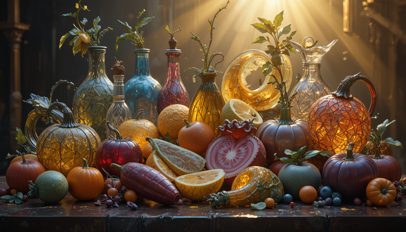 Bodegón surrealista de comida en vitrales bajo luz dorada