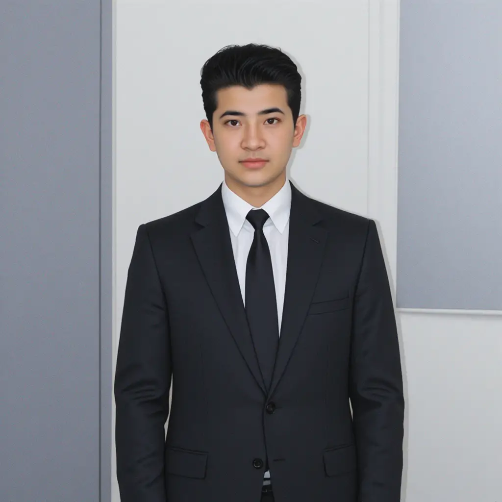 Man in black suit passport style portrait on white background