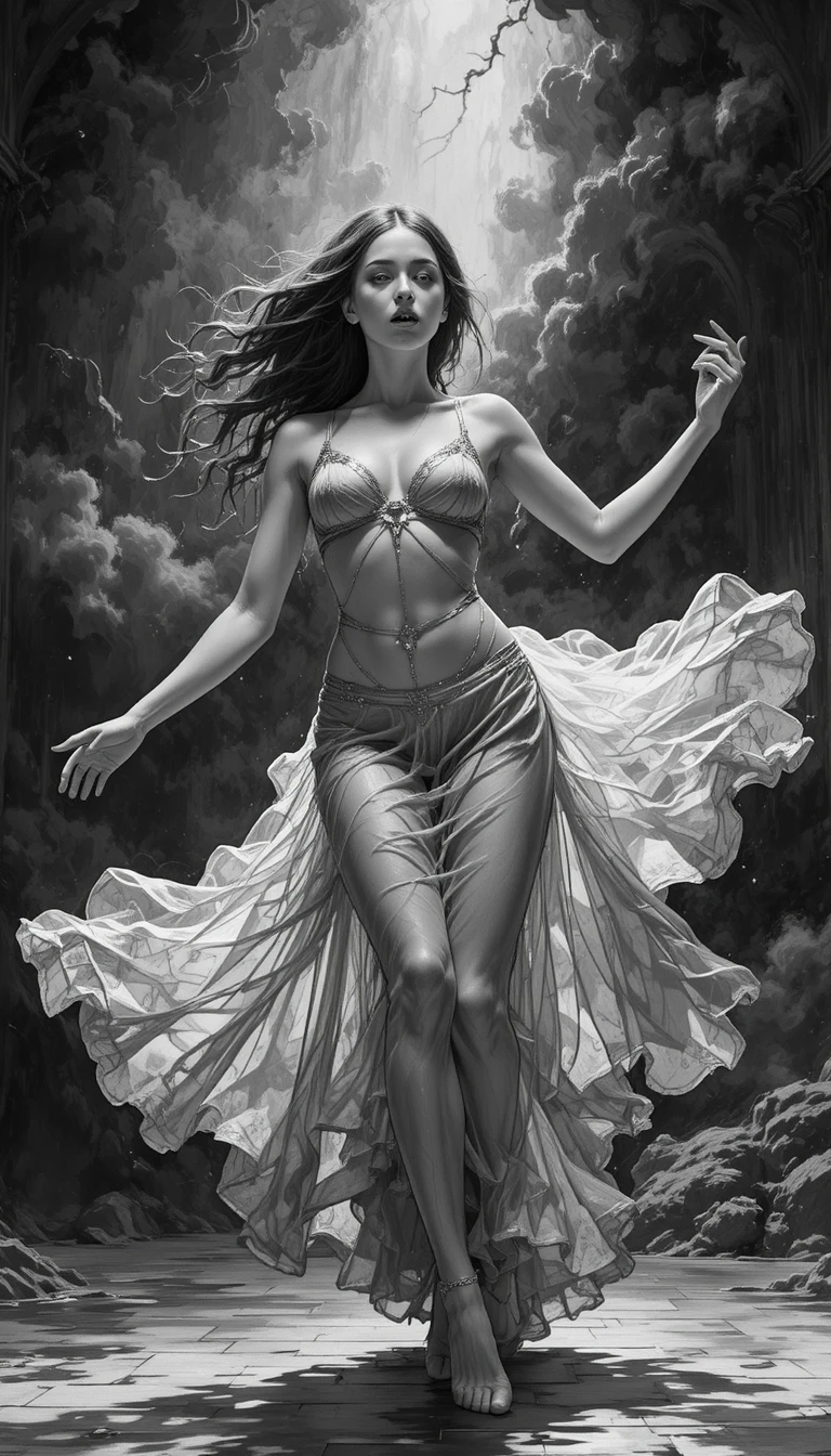 Young girl dancing on stage in dramatic monochrome drawing