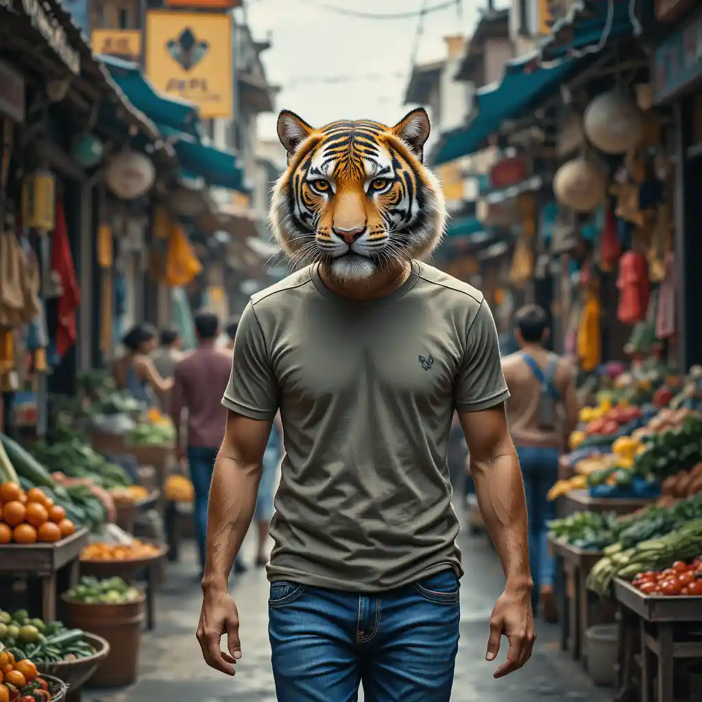 Man with tiger face walking through busy indian street market