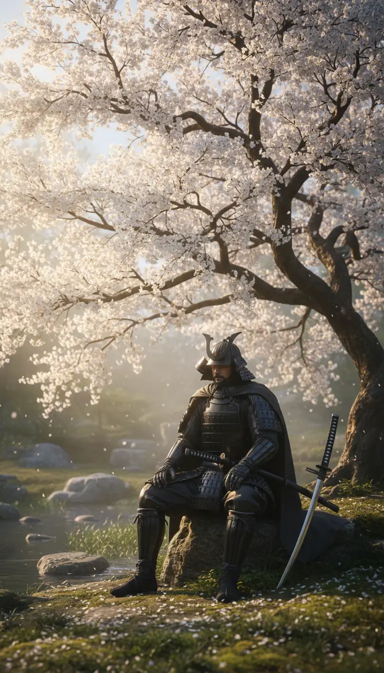 Samurai resting under a white cherry blossom tree