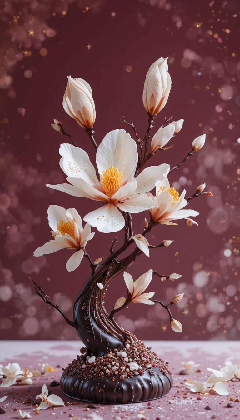 Ikebana de postre biomórfico comestible sobre fondo de arándano rojo
