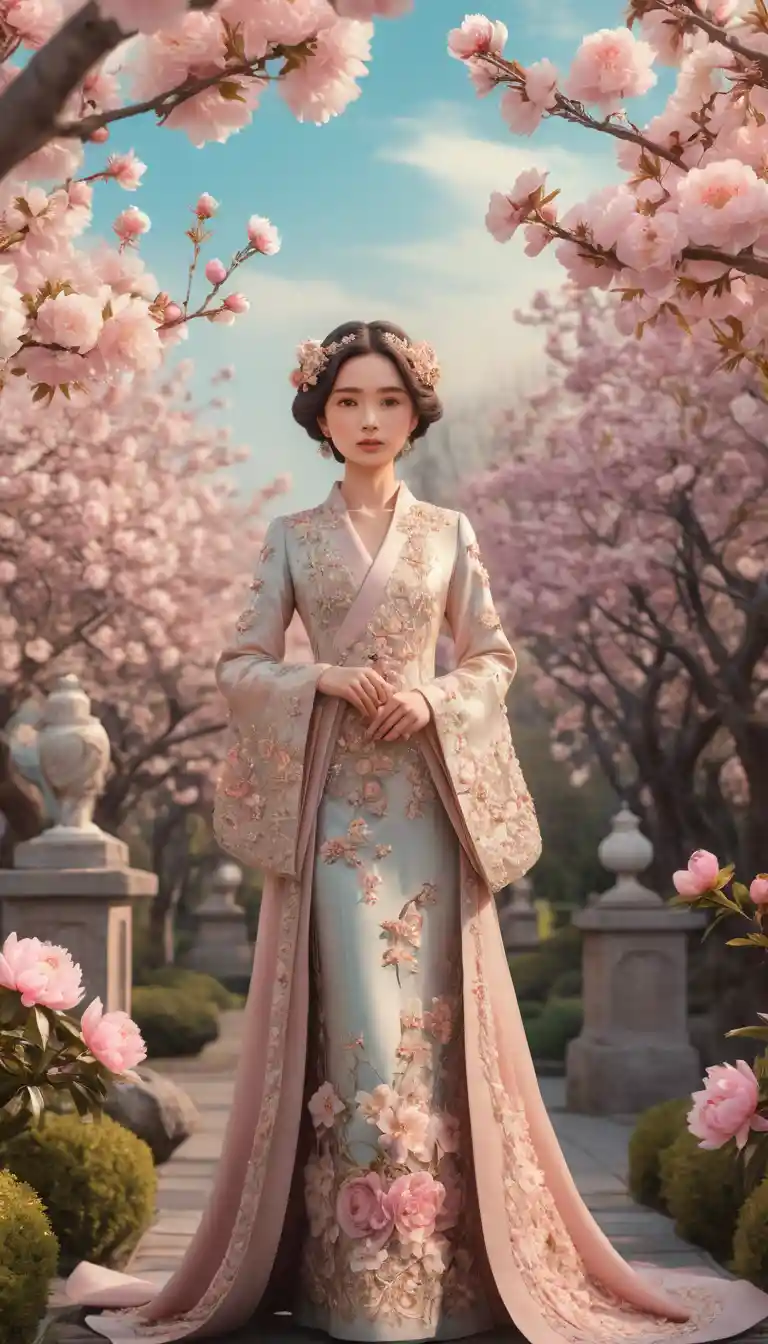 パステルの花咲く幻想庭園の上品なちびキャラ女性