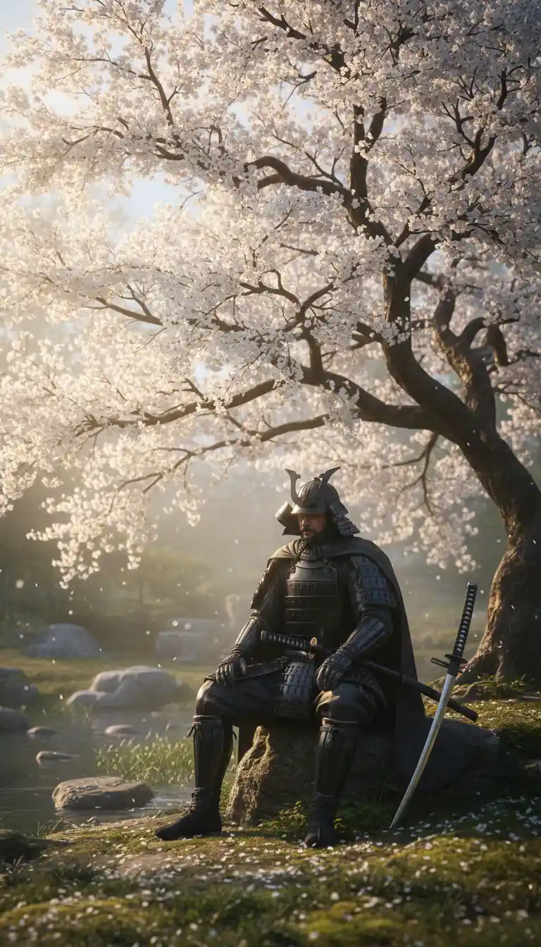 Samurai resting under a white cherry blossom tree