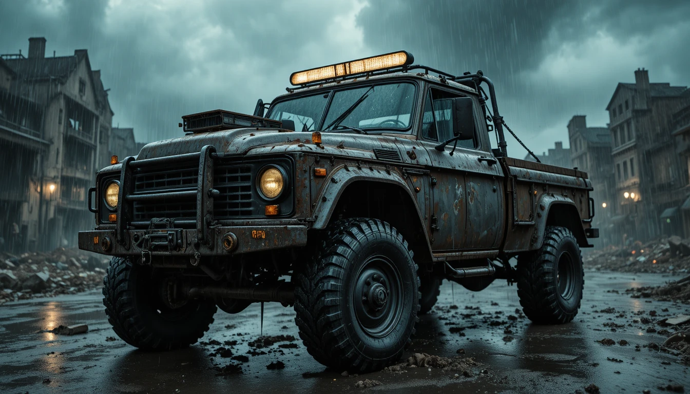 Armored truck in a stormy post apocalyptic ruined city