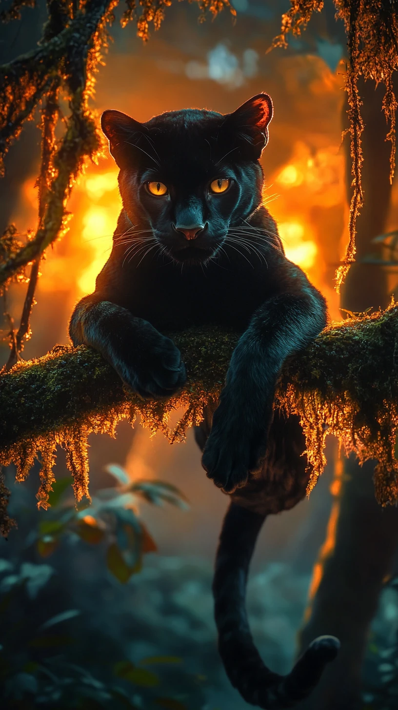 Black panther on mossy branch against glowing jungle sunset