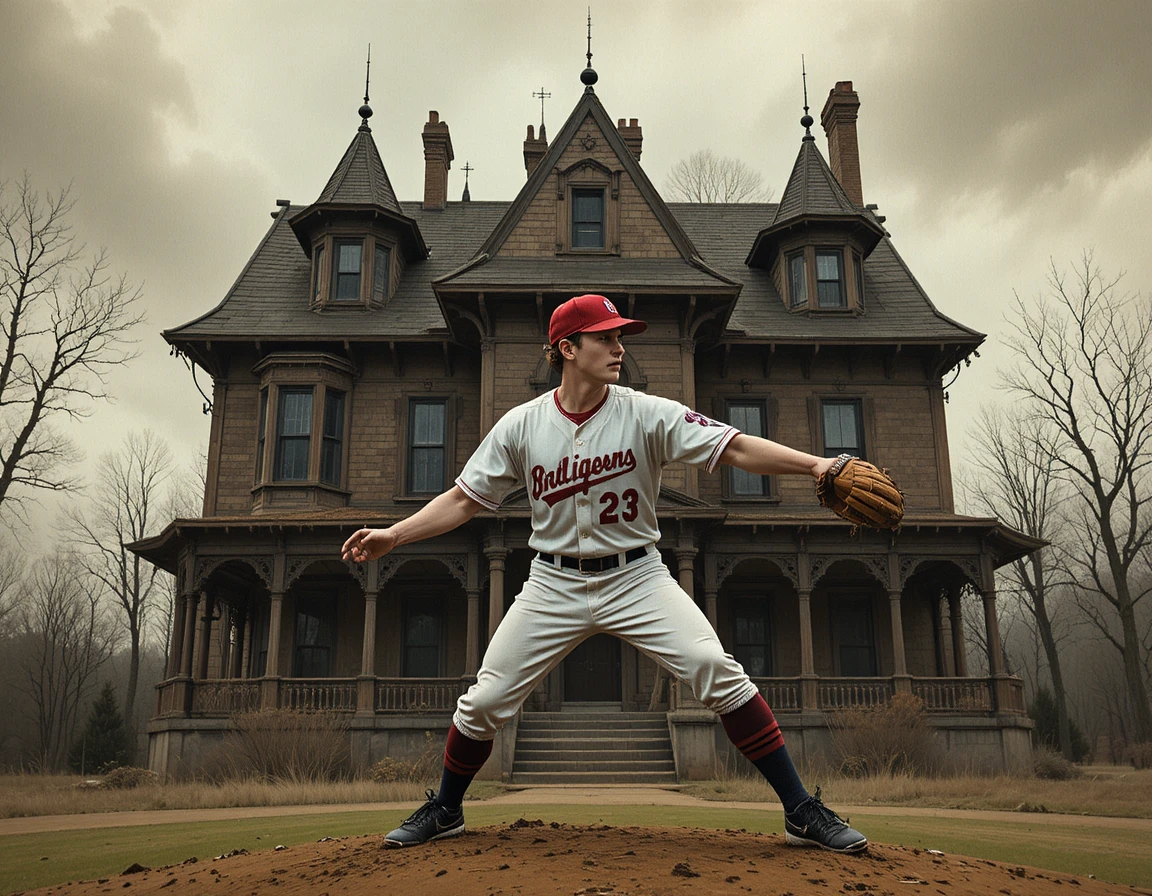 Young baseball pitcher with haunted mansion and monster