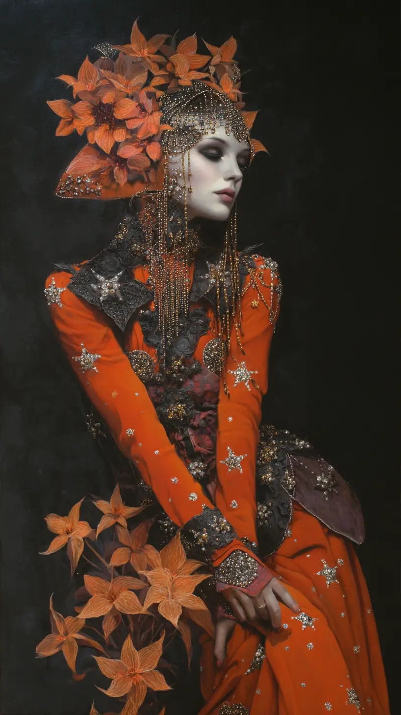 Surreal forest spirit collecting glowing stars among flowers