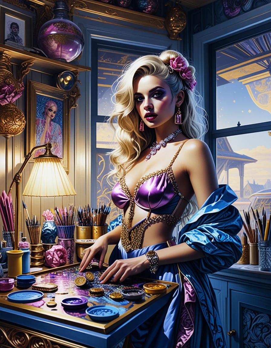 Blonde artist in a colorful solarium studio creating large artwork