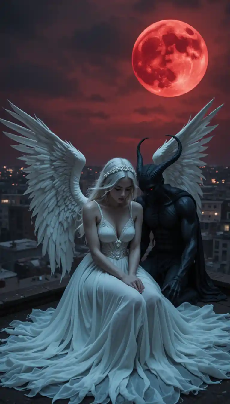 Angel and demon on a rooftop under a crimson blood moon