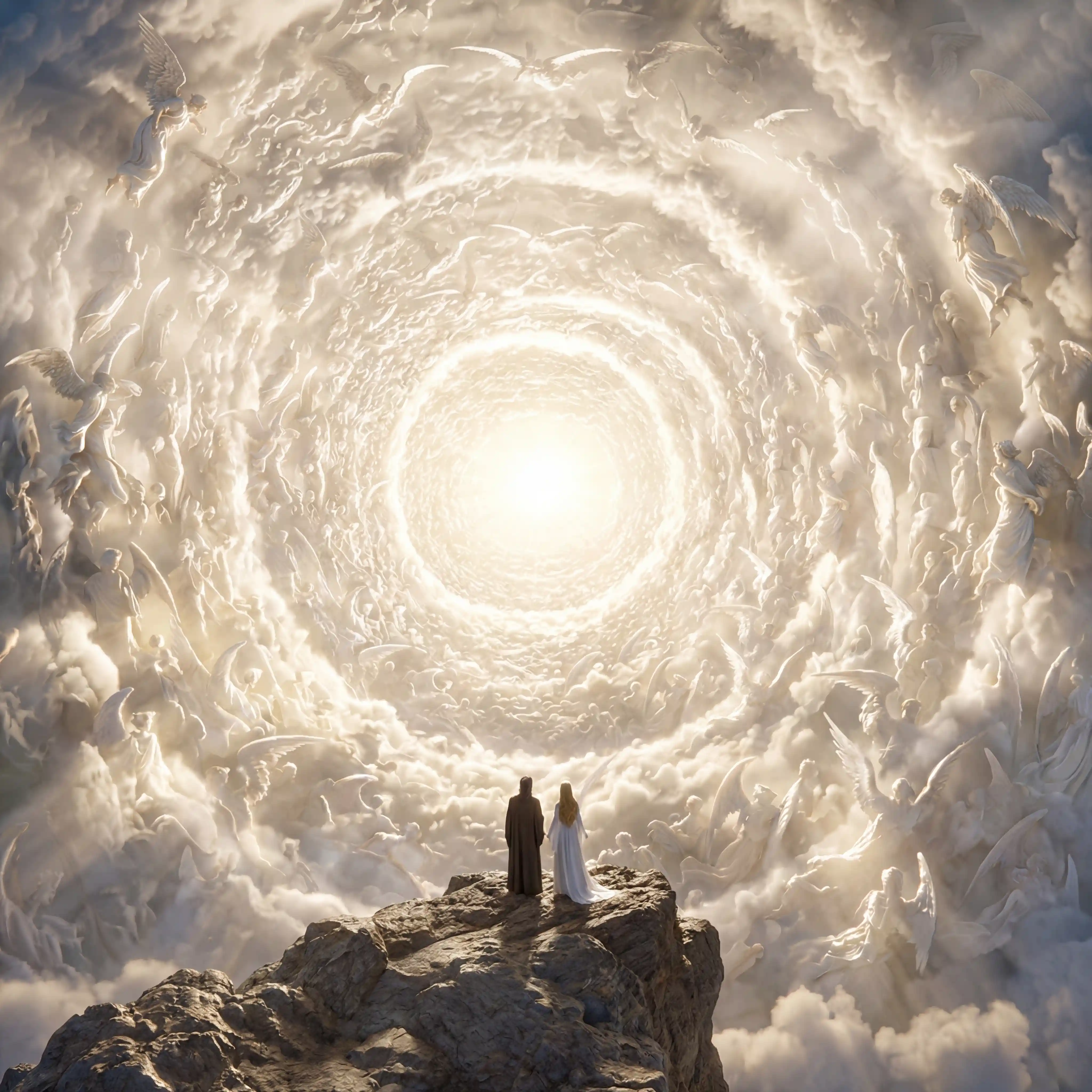 Celestial vortex of angels surrounding Dante and Beatrice