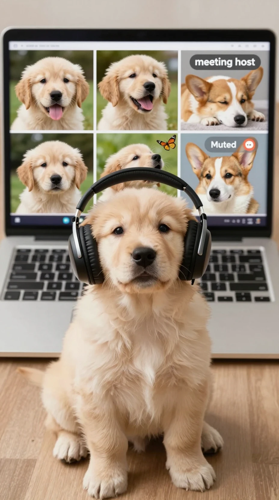 Golden-Retriever-Welpe am Laptop mit übergroßen Kopfhörern