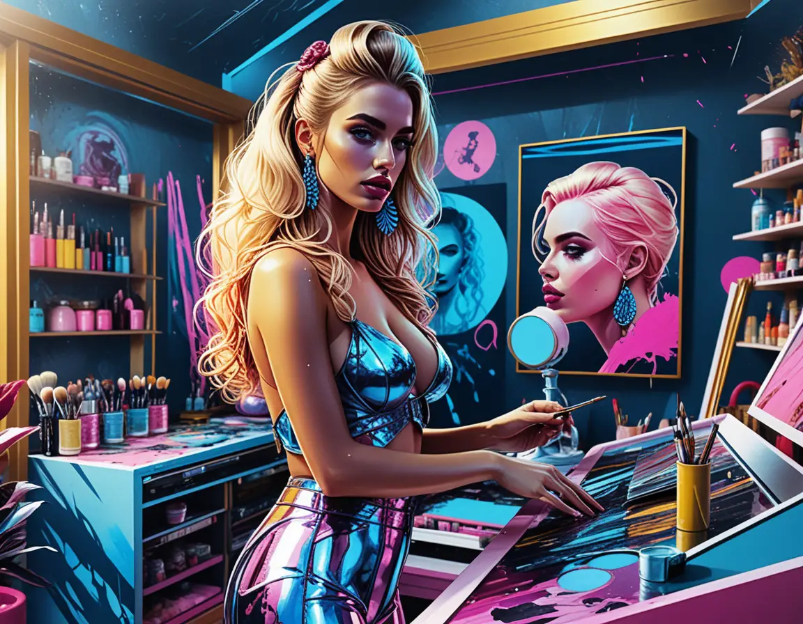 Blonde artist in a colorful solarpunk studio at dawn