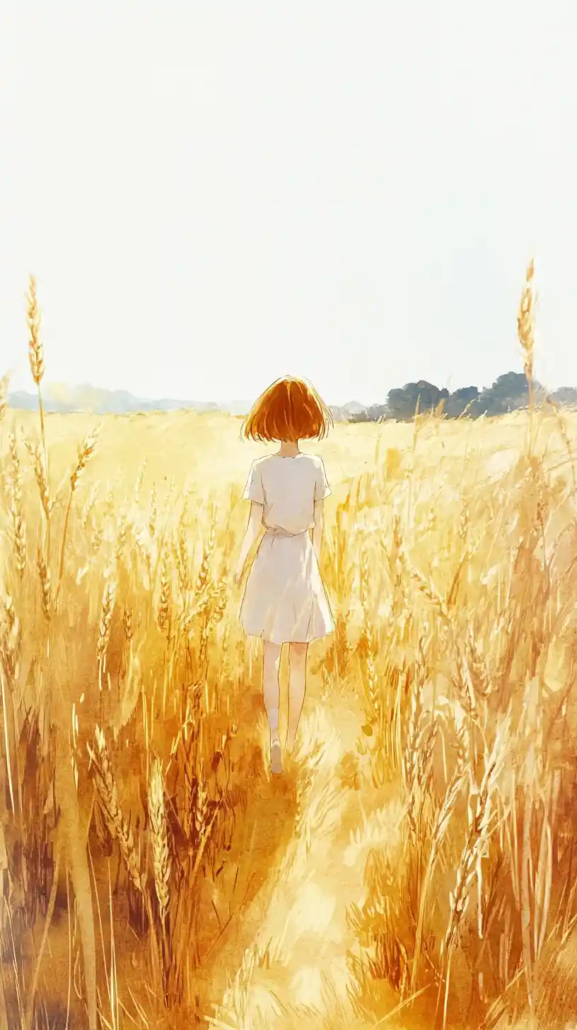 Anime-Mädchen, das tagsüber durch ein goldenes Weizenfeld läuft